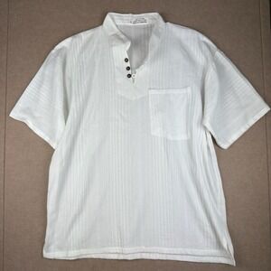 Men's Shirt 2XL White Cotton Short Sleeve Mandarin Collar‎ Casual Boho Henley